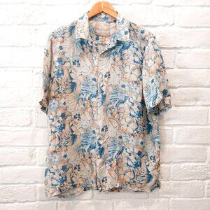 Margaritaville Silk Linen Shirt Men XL Blue Orange Short Sleeve Hawaiian Floral,